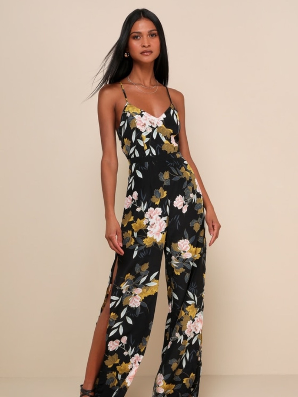 Lulus Beautiful Blooms Black Floral Print Wide-leg Jumpsuit - Size M